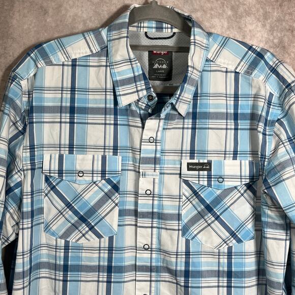 Wrangler Outdoor Shirt Mens Large Blue Plaid Snap Front Outdoors Pockets Work - Picture 2 of 9